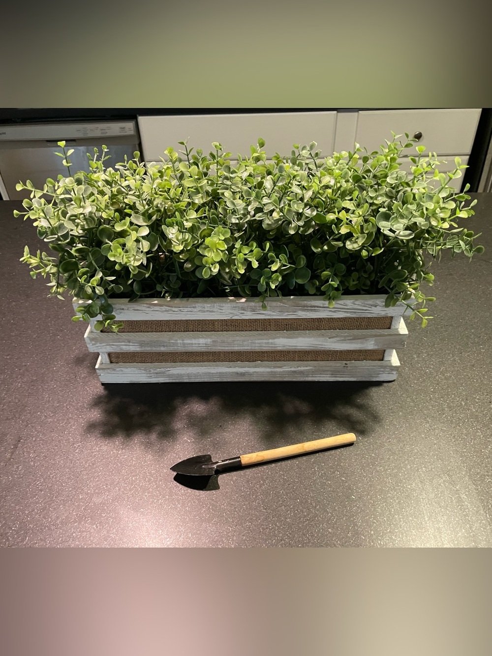 Rustic White Wooden Planter Box with Lush Greenery